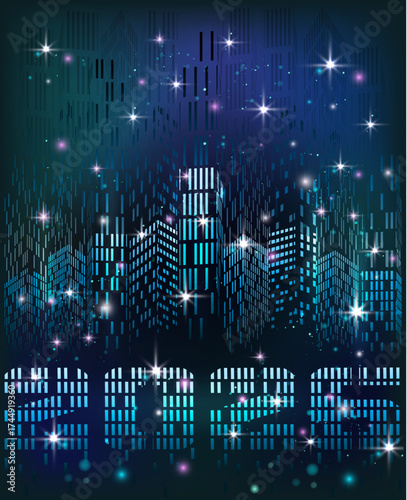 Happy New year  2026 in Futuristic Night City card, vector illustration