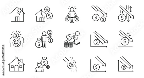 Financial crisis and economic decline outline icon set on a white background