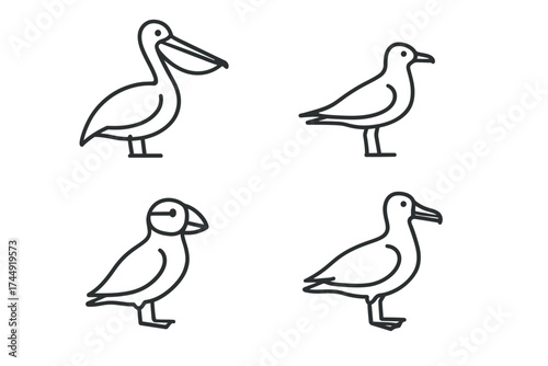 Pelican, seagull, puffin, and albatross outline icons set
