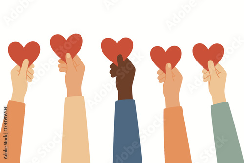 Diverse hands holding red hearts symbolizing unity and love