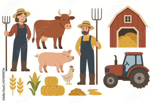 Farm set: cartoon farmers, animals, barn, tractor, crops