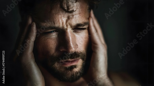 Close up of a man with hands on temples showing signs of severe headache stress and pain in dark lighting