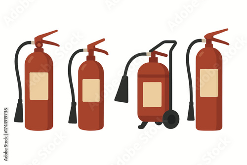 Set of different fire extinguishers on white background