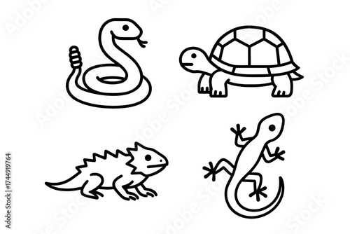 Black and white line art of reptiles: snake, turtle, lizard, iguana