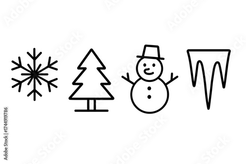 Simple winter outline icons: snowflake tree snowman icicle