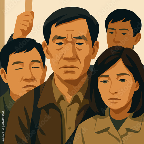 Overwhelmed Commuters: Tired Asian Crowd on Public Transport