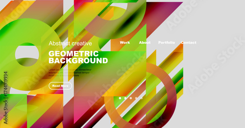 Vibrant geometric shapes overlap. Website header displays text, navigation options, button. Modern design utilizes bright colors, gradients.