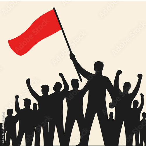 Protesting Crowd Silhouette Holding Red Flag in the Air