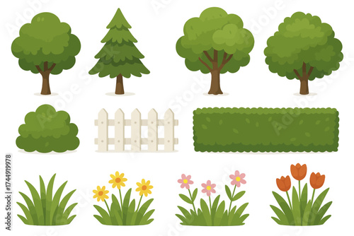 Cartoon garden elements: trees, bushes, fence, hedge, flowers