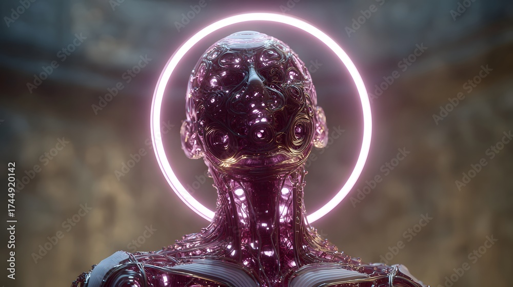 Naklejka premium Abstract figure with glowing halo, representing artificial intelligence and futuristic human augmentation
