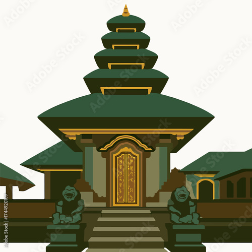 Traditional Balinese Temple Gate Entrance with Tiered Roof and Stone Guardian Statues