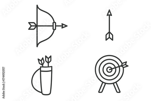 Archery icons set with bow, arrow, quiver, and target in minimalist design