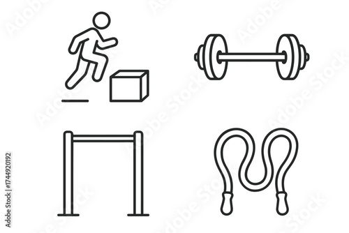 Outline icons of fitness equipment including jump rope, barbell, box jump, and pull-up bar