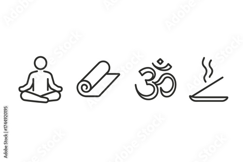 Minimalist yoga icons: meditation, mat, om symbol, incense stick
