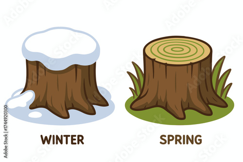 Cartoon tree stump comparison: snowy winter vs green spring
