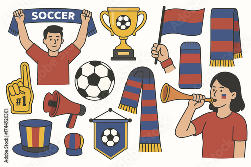 Soccer fans celebration: cartoon male and female fans with flags and trophy