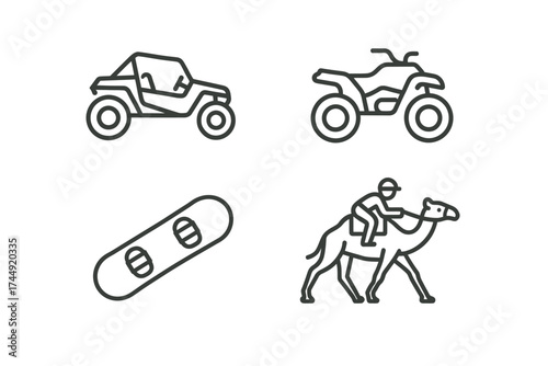 Outline icons of atv, dune buggy, snowboard, and camel rider