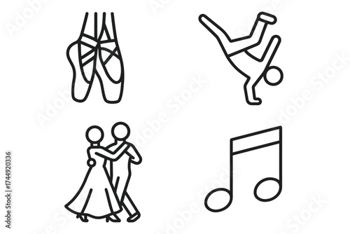 Dance icons: ballet shoes, breakdancer, ballroom dancers, musical note