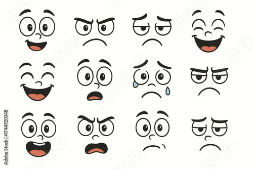 Cartoon faces with various expressions illustrating emotions like happiness and sadness