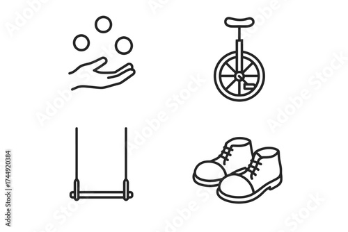 Festival circus elements: juggling, unicycle, trapeze, clown shoes in minimalist line art