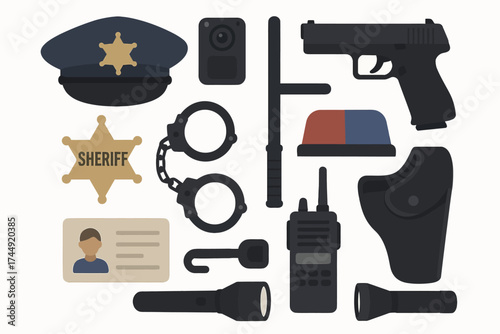 Police equipment set with gun, badge, handcuffs, and radio