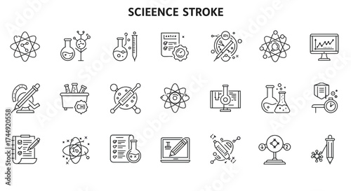 Science and Laboratory Outline Icon Set Illustrating Various Scientific Fields and Research