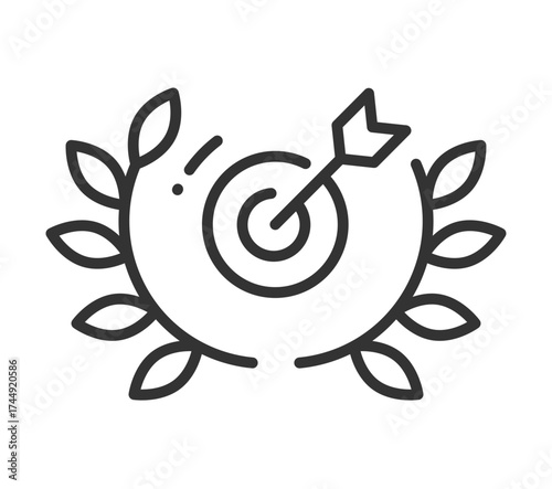 Bullseye target with arrow and laurel wreath icon in black outline design