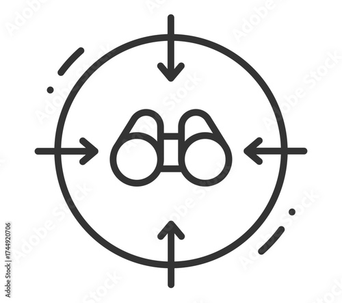 Minimalist icon of binoculars in crosshair for targeting and exploration