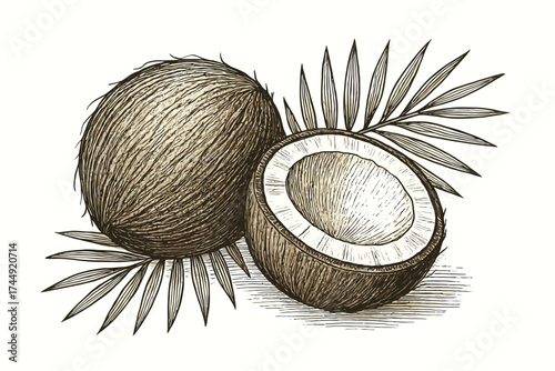 Detailed sketch of whole and halved coconuts with palm leaves