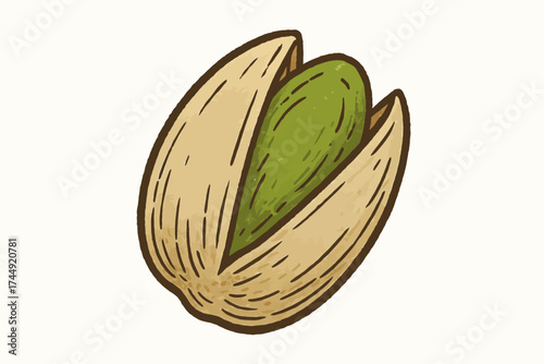 Hand-drawn open pistachio nut on white background