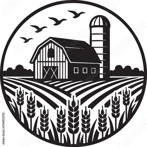 Farm barn and silo with wheat field and flying birds, black and white vector illustration