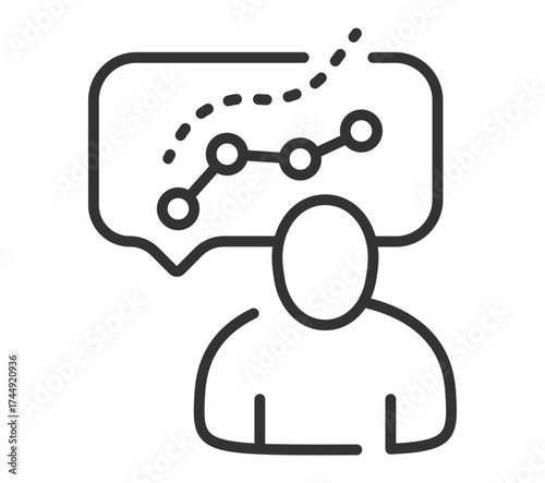Linear icon of person analyzing trend data with chart in speech bubble