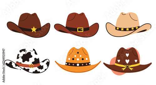 A collection of six distinct cowboy hats with varied patterns and embellishments.