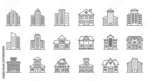 Simple outline vector set of various city buildings and residential houses