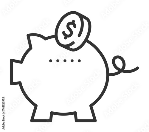 Outline of piggy bank with coin featuring dollar symbol for financial savings concept