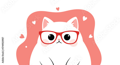 A cute white cat with glasses and hearts.