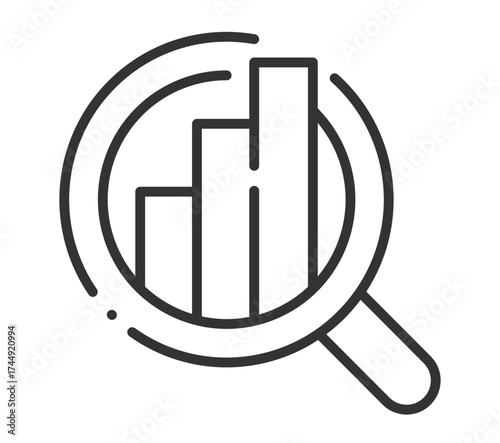 Magnifying glass zooming on financial bar chart analysis icon