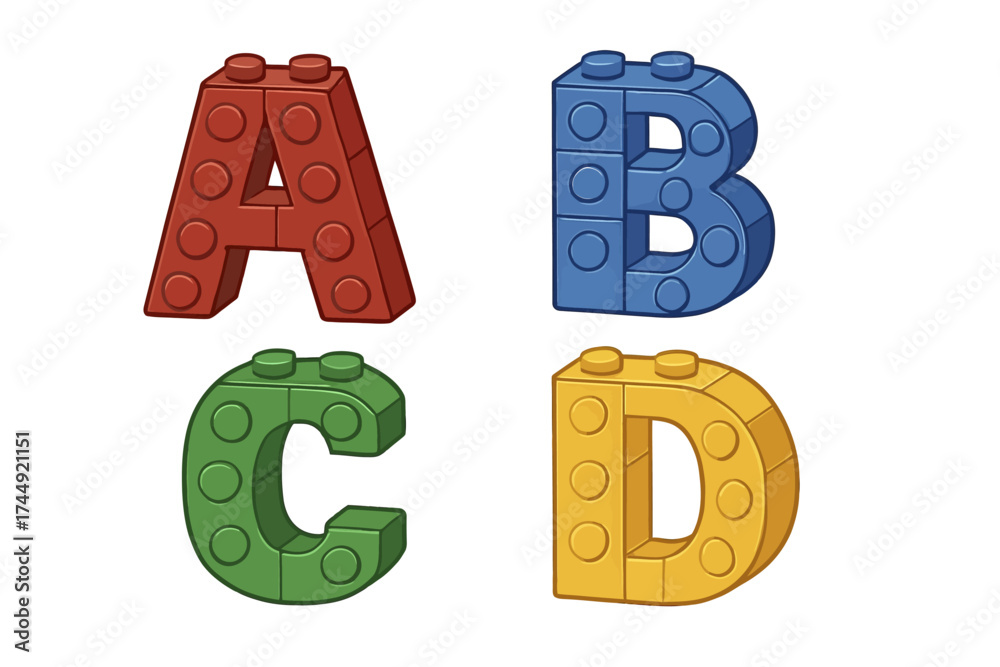Fototapeta premium Colorful lego alphabet blocks: a, b, c, d constructed from toy bricks