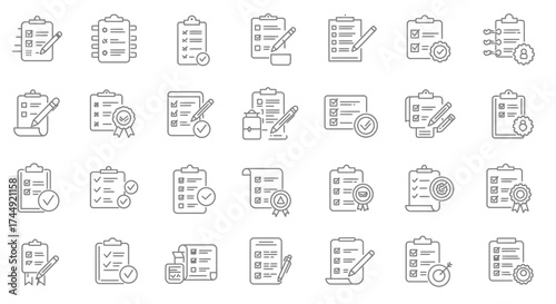 Vector illustration of clipboard icon in line style with checkmark and pen isolated