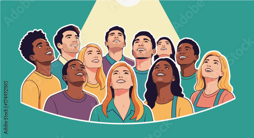 Diverse Group of People Gazing Upwards with Hope Under a Bright Light