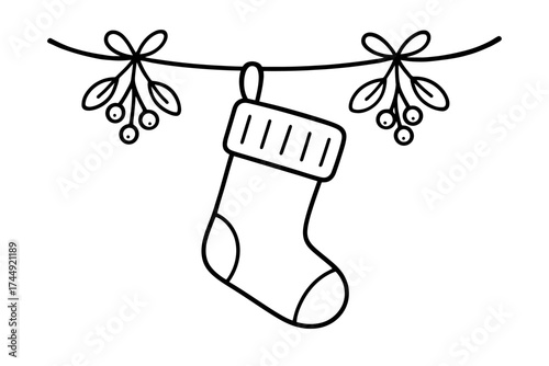 Christmas stocking hanging on garland with mistletoe line art illustration