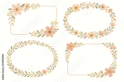 Elegant floral frames with delicate pink and green leaves