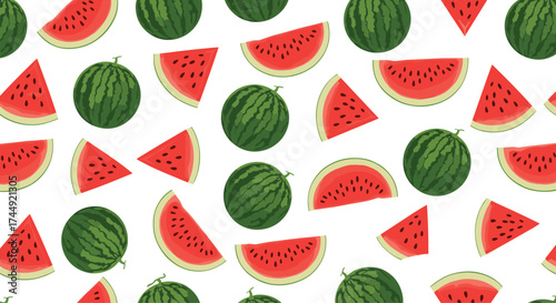 A delightful pattern of fresh juicy watermelons and slices on a white background.