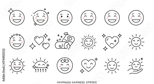 Vector set of happiness themed line art illustrations for various applications