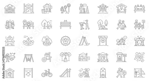 Vector Line Illustration Set of Various Public Park and Garden Facilities and Activities