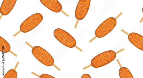 A seamless pattern of delicious corn dogs.