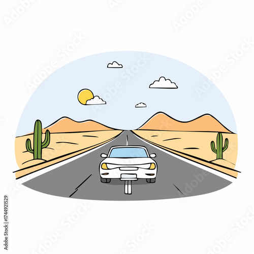 Car drives along a desert highway during the day