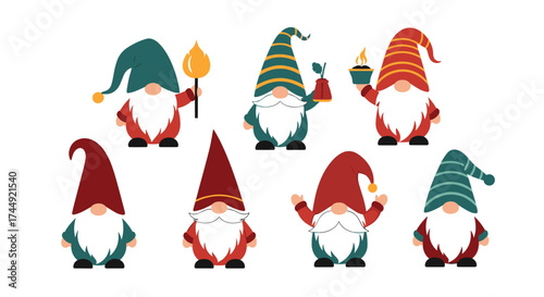 A collection of cute gnomes dressed in festive holiday attire with pointed hats.