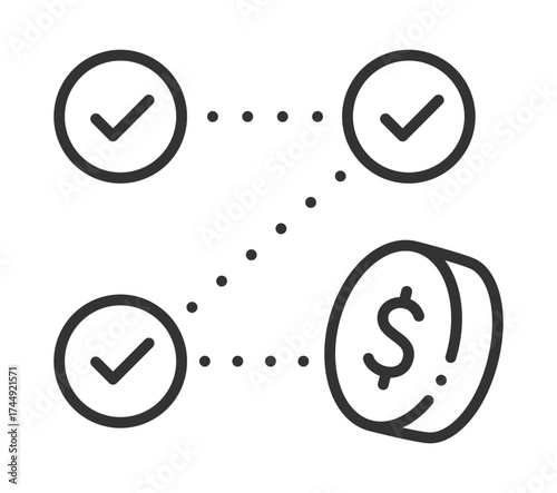 Blockchain transaction concept with connected checkmarks and coin icons