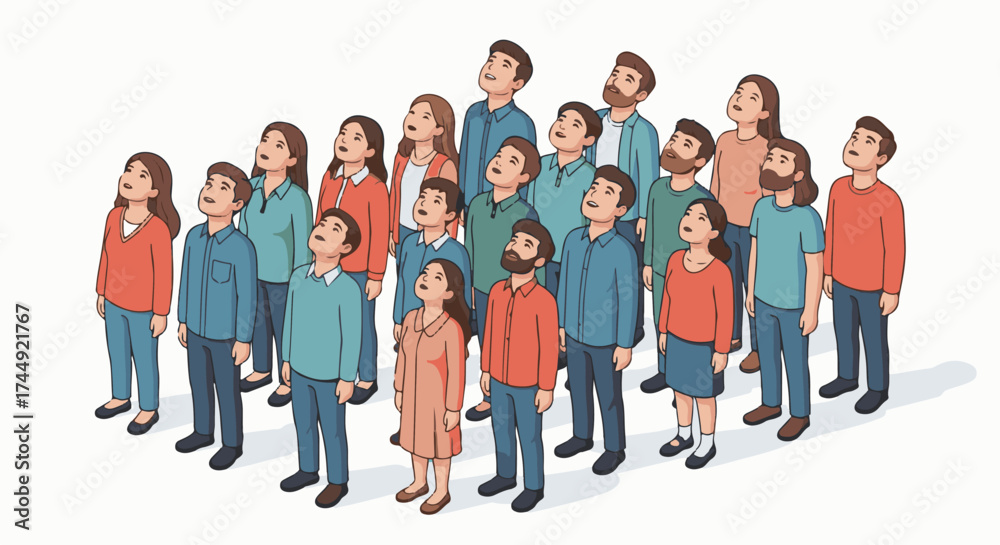 Fototapeta premium Diverse group of individuals looking upwards in unison, featuring men, women, and children.